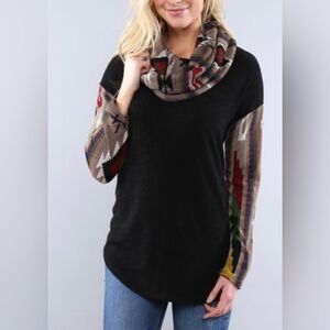 Coco & Main | Black & Beige Aztec Hooded Cowl Neck Tunic
